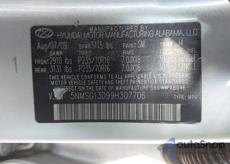 2009 Hyundai Santa Fe Gls z USA, uszkodzony, nr VIN 5NMSG13D99H307706